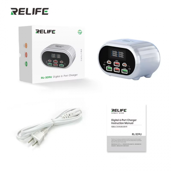 RELIFE RL-309U 72W Smart 6-port Charger Dual PD/Dual QC for Device Charging