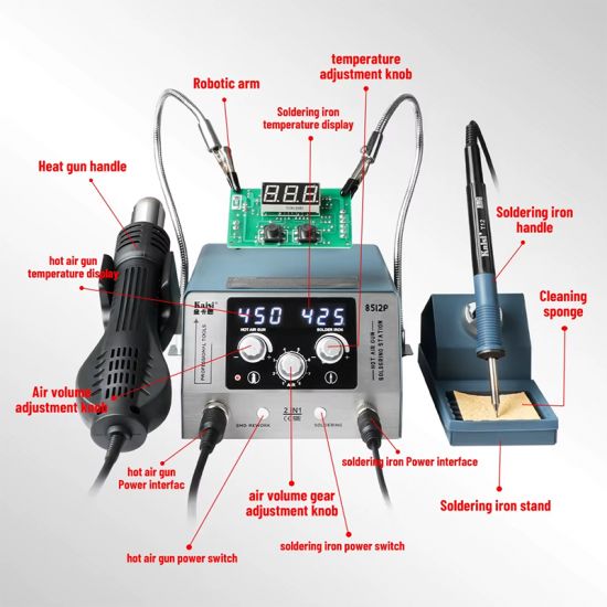 Kaisi 8512P 2 in 1 Digital Soldering Station Hot Air Gun Rework Station