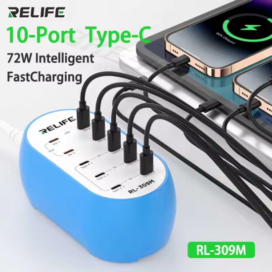 RELIFE RL-309M TYPE-C 10-port Smart Charger 72W Intelligent Fast Charger