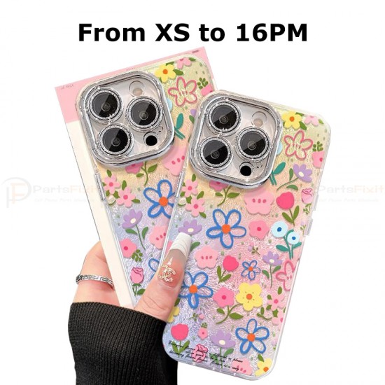 Colored Flower Glacier Pattern Cute Phone Case | Frosted Full-Body TPU Case can add Shiny Metal Stand & Bead Bracelet Lanyard | Compatible with All iPhone Models